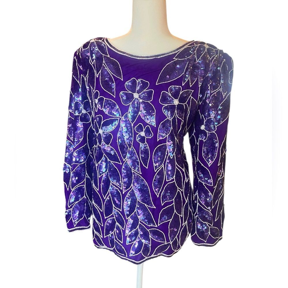 NWT Elegance by Anujan Vintage 100% Silk Sequin Top Purple Floral Womens 1X